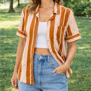 SUPER MASSIVE Retro Short Sleeve Button Up Bowling Shirt, Peach/Brown, Medium